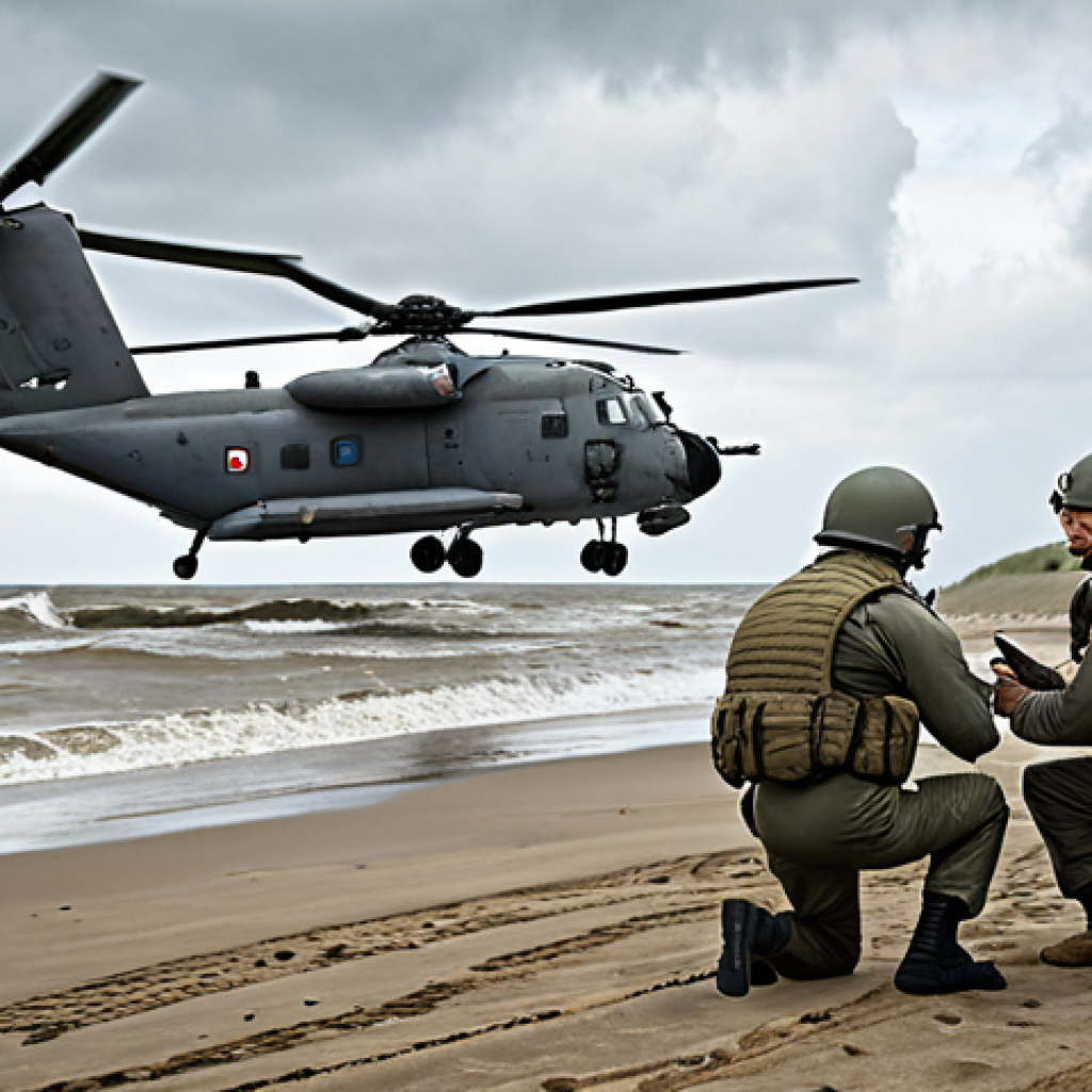 **

A dynamic illustration showcasing Dutch military personnel (air force, navy, army) working together seamlessly during a simulated amphibious landing exercise on a Dutch coastline. Feature modern military equipment, clear communication lines, and a focus on teamwork and coordination under a cloudy Dutch sky.  Emphasize the integration of the three branches and a sense of national defense.

**