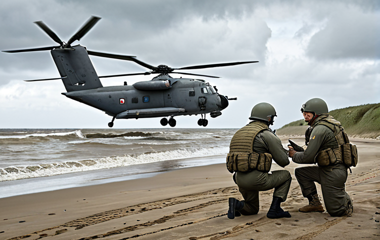 **
A dynamic illustration showcasing Dutch military personnel (air force, navy, army) working together seamlessly during a simulated amphibious landing exercise on a Dutch coastline. Feature modern military equipment, clear communication lines, and a focus on teamwork and coordination under a cloudy Dutch sky. Emphasize the integration of the three branches and a sense of national defense.
**
