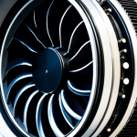 A highly detailed close-up of the internal components of a modern jet engine, showcasing intricate turbine blades crafted from advanced Ceramic Matrix Composites (CMCs) and additively manufactured superalloys. The focus is on precision engineering and cutting-edge material science, with visible cooling channels and complex geometries within a clean, brightly lit aerospace engineering lab. Professional photography, macro detail, high resolution, volumetric lighting, sharp focus, fully clothed, modest clothing, appropriate attire, safe for work, appropriate content, professional, perfect anatomy, correct proportions, natural pose.